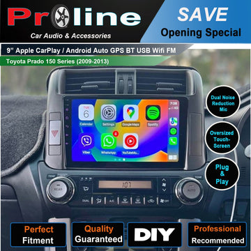 9-inch car audio touchscreen display for Toyota Prado 150 series, with icons for Apple CarPlay and Android Auto features, indicating compatibility with GPS, Bluetooth, and USB.