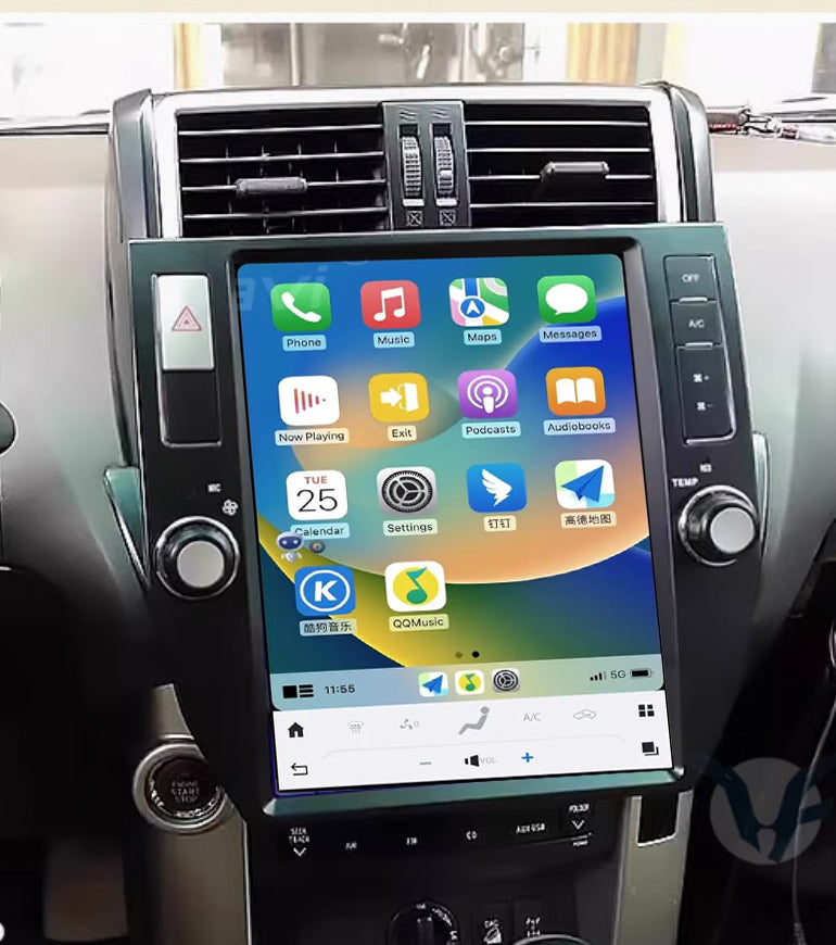 A 12.1-inch vertical screen car stereo installed in a vehicle's dashboard, featuring icons for Apple CarPlay and Android Auto functions.