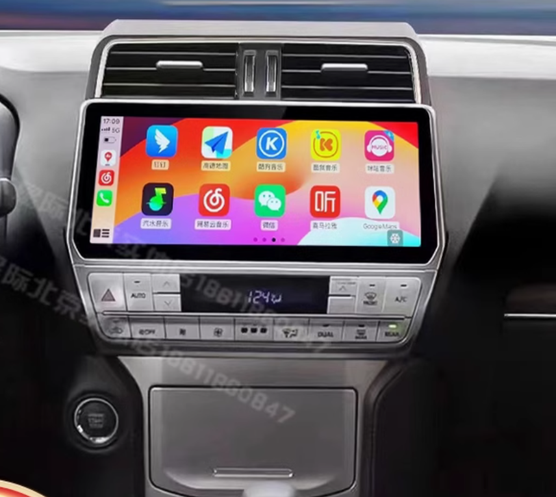 A 10.25 inch touchscreen car stereo system installed in a vehicle's dashboard, displaying a colorful interface with various app icons, and integrated with the car's steering wheel control.