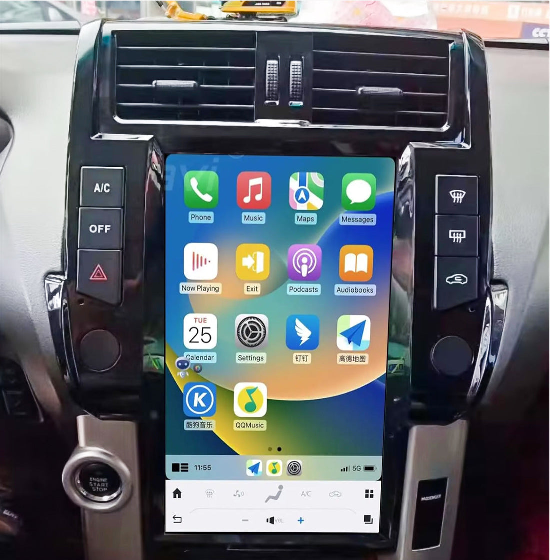 A 13.6 touchscreen wireless stereo system installed in a vehicle's dashboard, displaying a colorful interface with various app icons, climate control, and media icons visible.