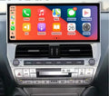 An aftermarket touch screen car stereo system interface installed in a vehicle's dashboard, displaying icons for Apple CarPlay and Android Auto features.