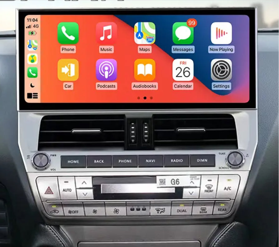 An aftermarket touch screen car stereo system interface installed in a vehicle's dashboard, displaying icons for Apple CarPlay and Android Auto features.