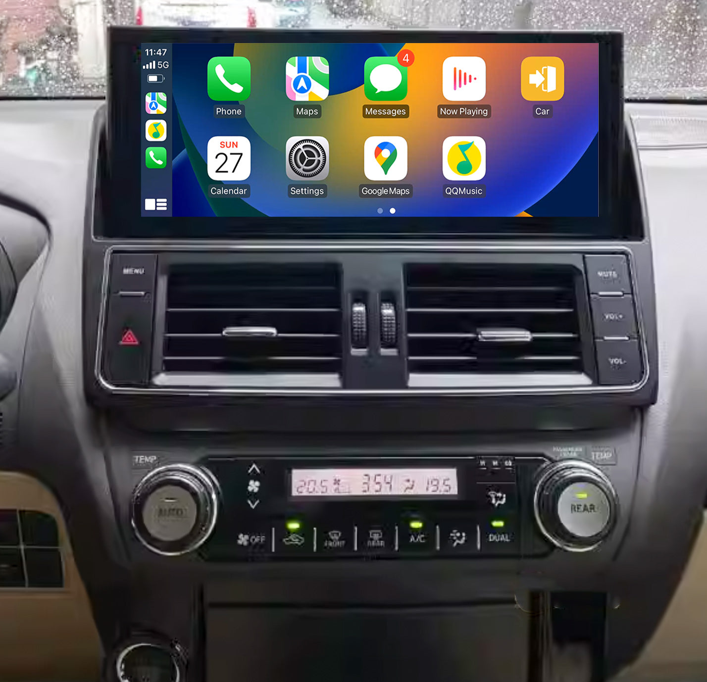 A 12.3 inch horizontal screen wireless Apple CarPlay and Android Auto stereo installed in a vehicle's dashboard.