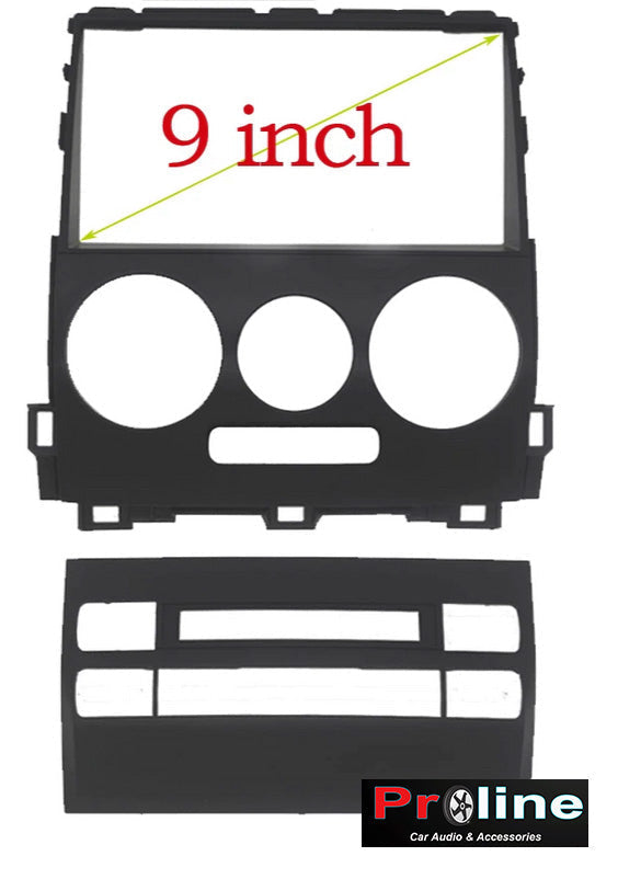 A black dashboard facia kit for a Toyota Prado, indicating a 9 inch screen size, with mounting brackets and no visible brand marking.