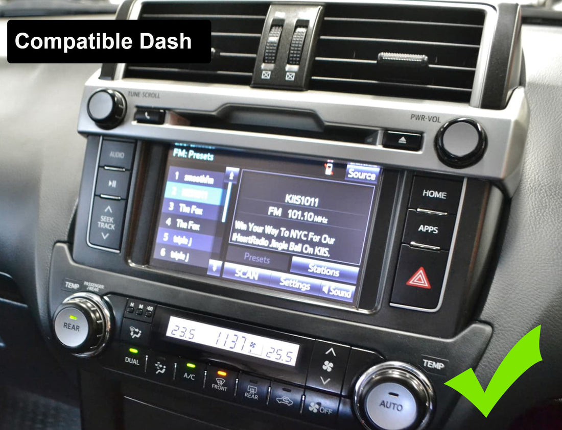 Toyota Prado 2014-2018 150 Series stereo facia frame with a highlighted new hazard button, suitable for both 9 inch android and 7 inch Double din headunits.