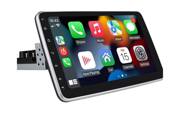 10-inch Apple CarPlay Android Auto GPS Bluetooth Stereo marketed for Toyota Prado 95 Series 1996-2002, featuring icons for Apple CarPlay and Android Auto compatibility, dual noise reduction mic, oversized touch screen, and plug & play installation.