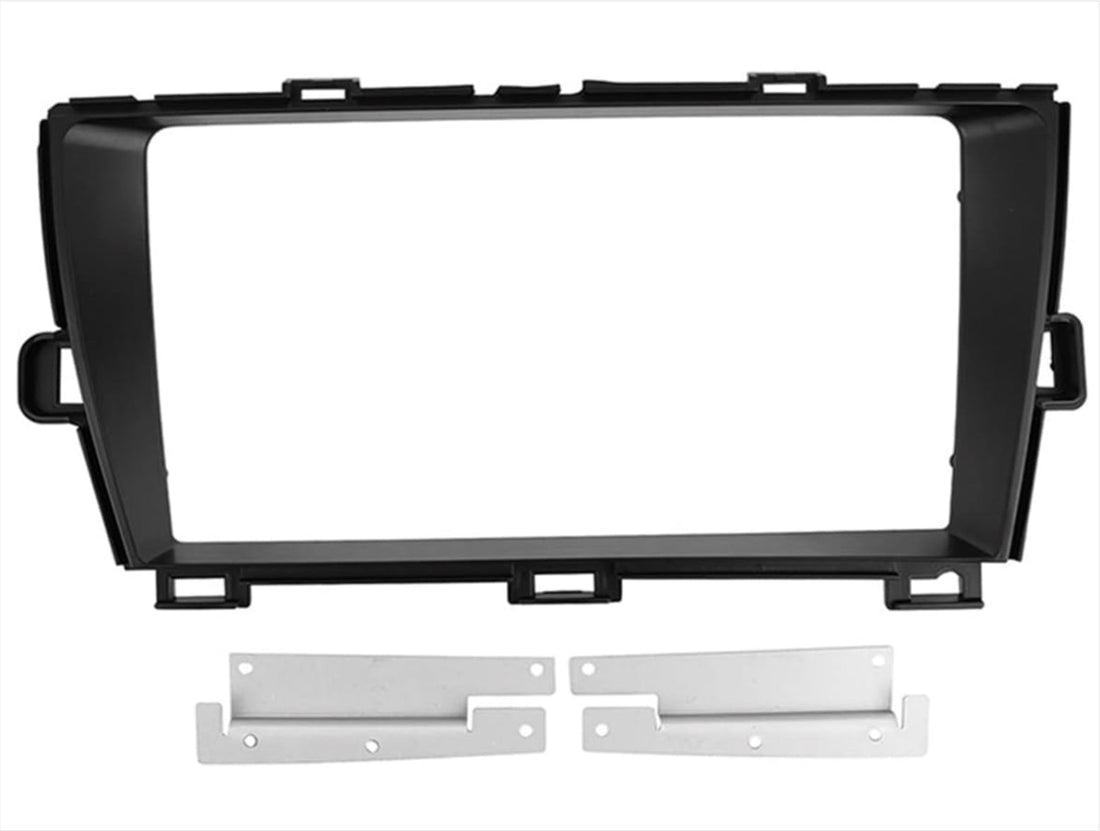 A black double din stereo facia kit suitable for Toyota Prius 2009-2015 with mounting brackets.