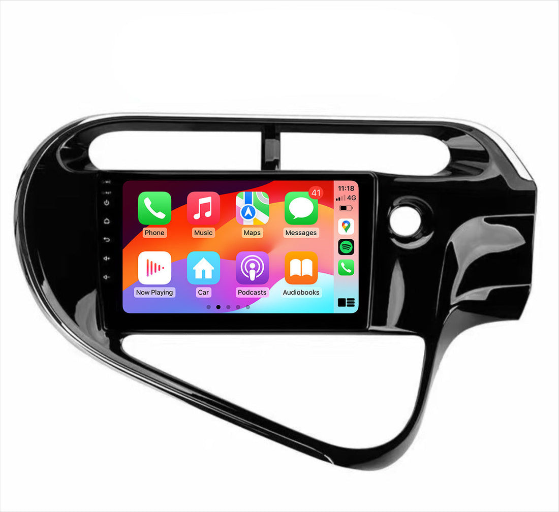 A black motor vehicle in-dash system with a touchscreen displaying Apple CarPlay interface, intended for Toyota Prius C 2012-2019 models.