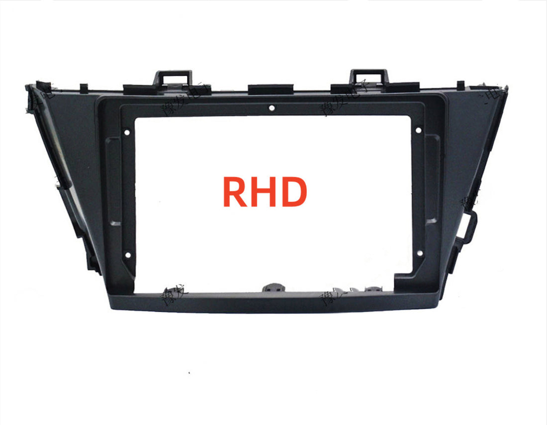 Black double din facia frame for Toyota Prius V with a label indicating 'RHD' for right-hand drive.