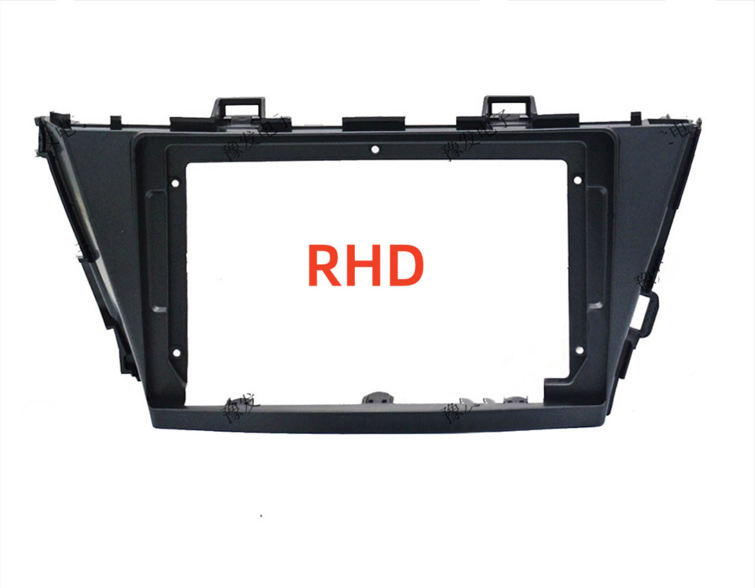 Black double din facia frame for Toyota Prius V with a label indicating 'RHD' for right-hand drive.