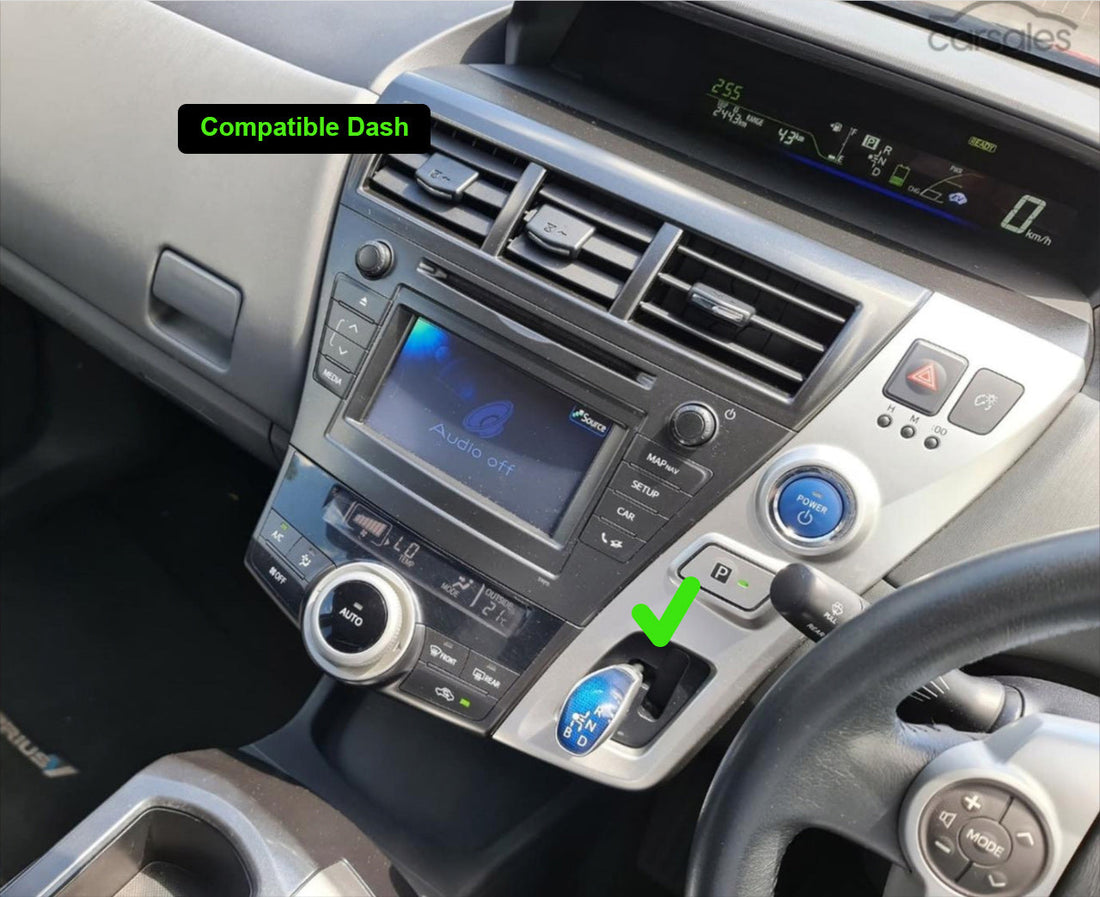 Black double din facia frame for Toyota Prius V with a label indicating 'RHD' for right-hand drive.