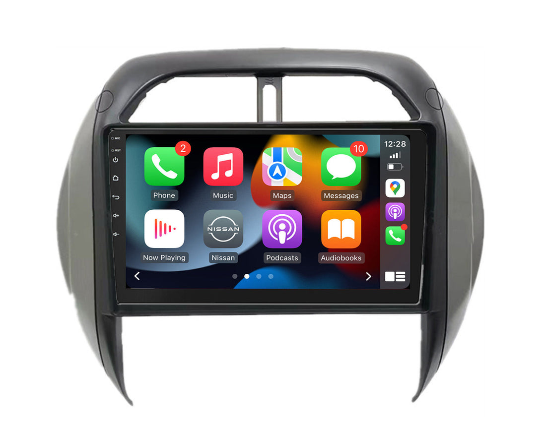 A 9-inch touchscreen car stereo with Apple CarPlay and Android Auto compatibility, intended for installation in a Toyota RAV4.