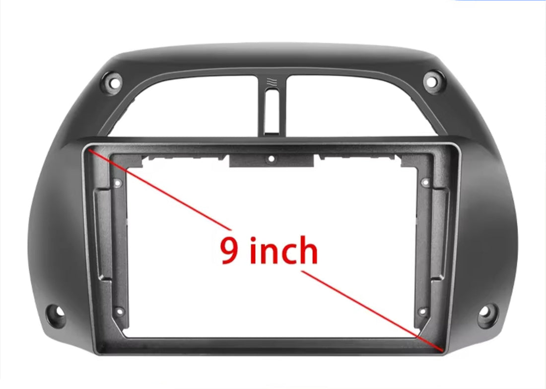 A black dashboard facia kit for a Toyota RAV4, indicating a 9 inch screen size.