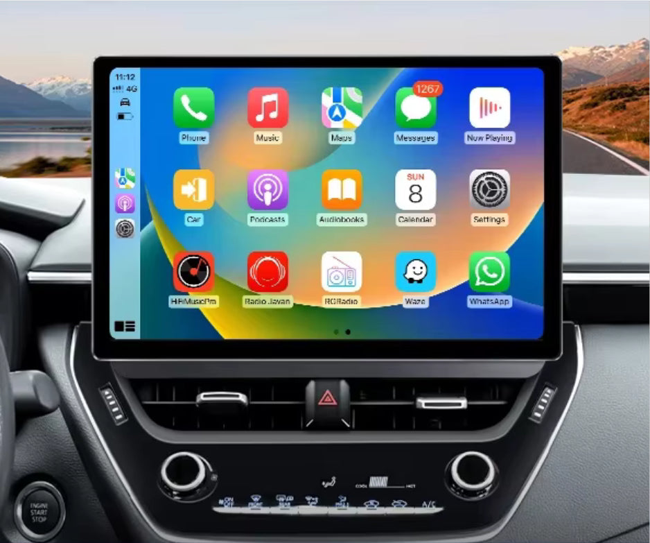 A touchscreen car stereo system installed in a vehicle's dashboard, displaying a colorful interface with icons for Apple CarPlay and Android Auto features.