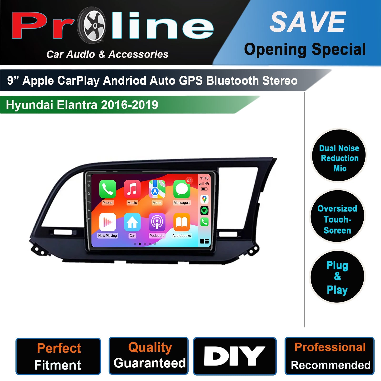 Hyundai Elantra 2016-2019 9 GPS Bluetooth Apple CarPlay Android Auto Stereo
