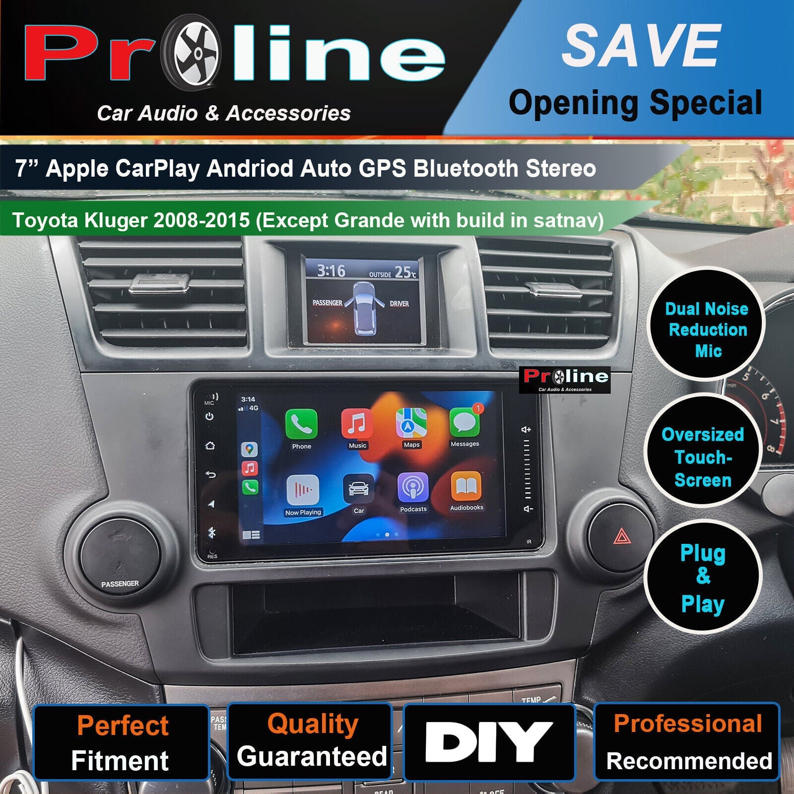 7-inch Apple CarPlay Android Auto GPS Bluetooth Stereo for Toyota Kluger 2008-2015, with dual noise reduction mic, oversized touch screen, and plug & play installation.