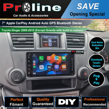 7-inch Apple CarPlay Android Auto GPS Bluetooth Stereo for Toyota Kluger 2008-2015, with dual noise reduction mic, oversized touch screen, and plug & play installation.