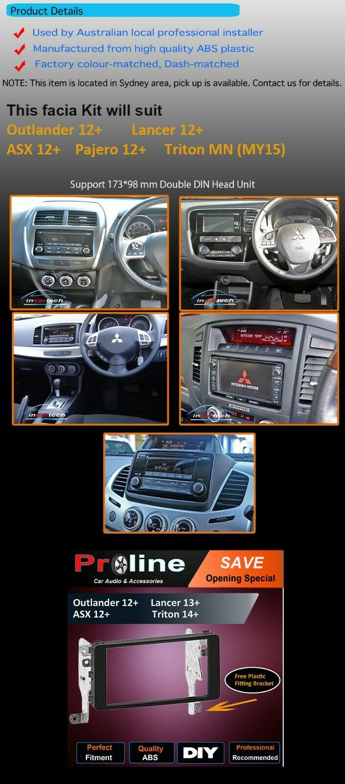 Fascia facia Mitsubishi Outlander 2012+ Lancer 2013+ ASX 2012+ Triton 2014+ 2DIN