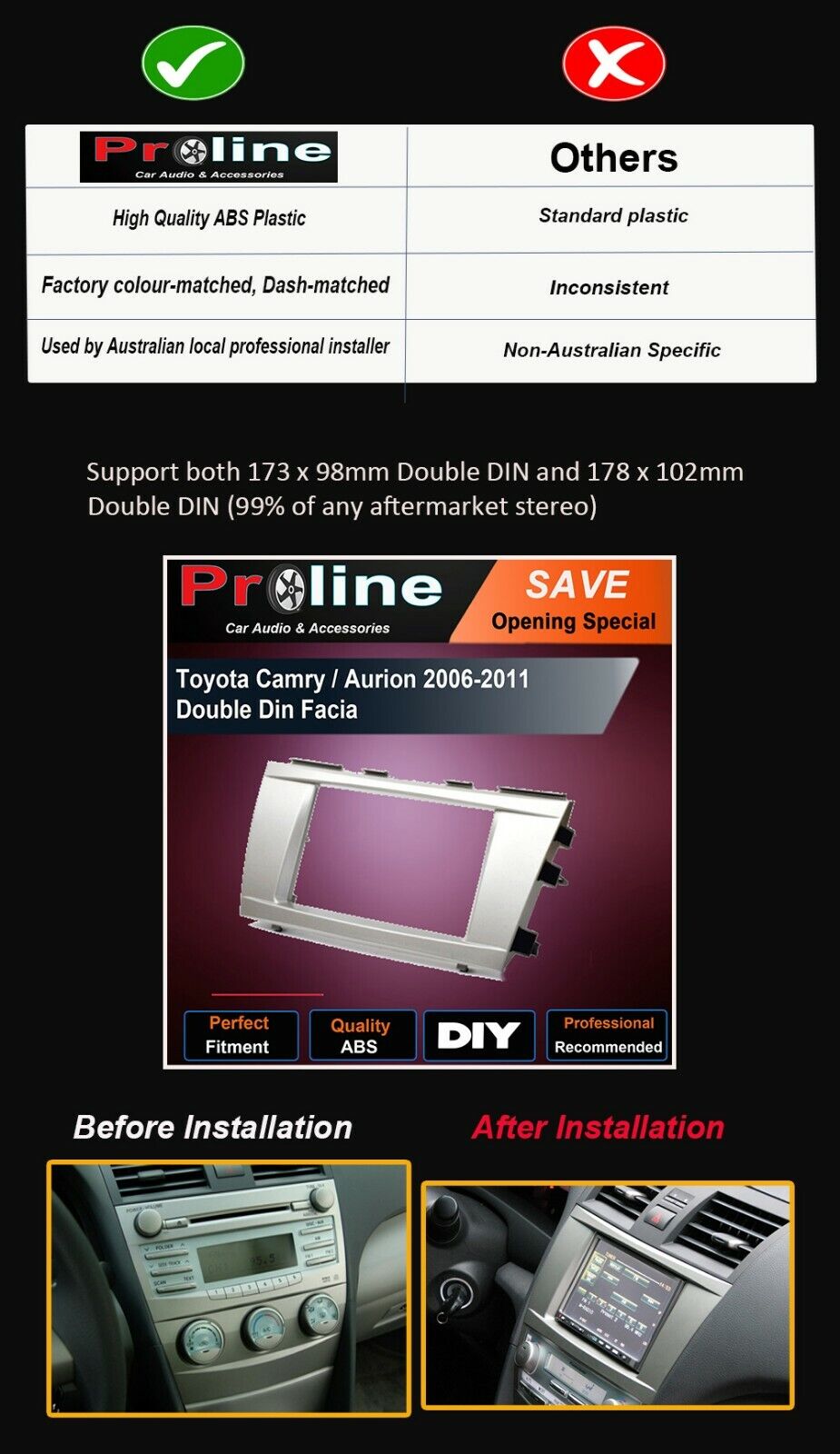 Fit Toyota Camry 06-10 stereo radio Double 2 Din fascia dash facia kit trim