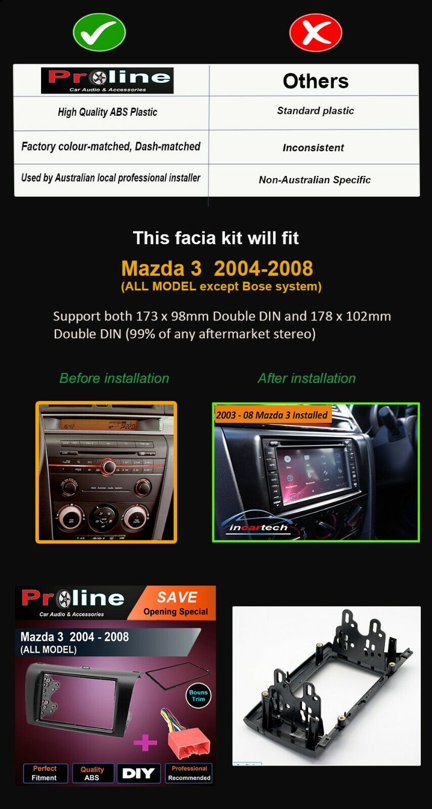 Mazda 3 2004 - 2008 Radio Double Din fascia dash facia trim kit wiring harness