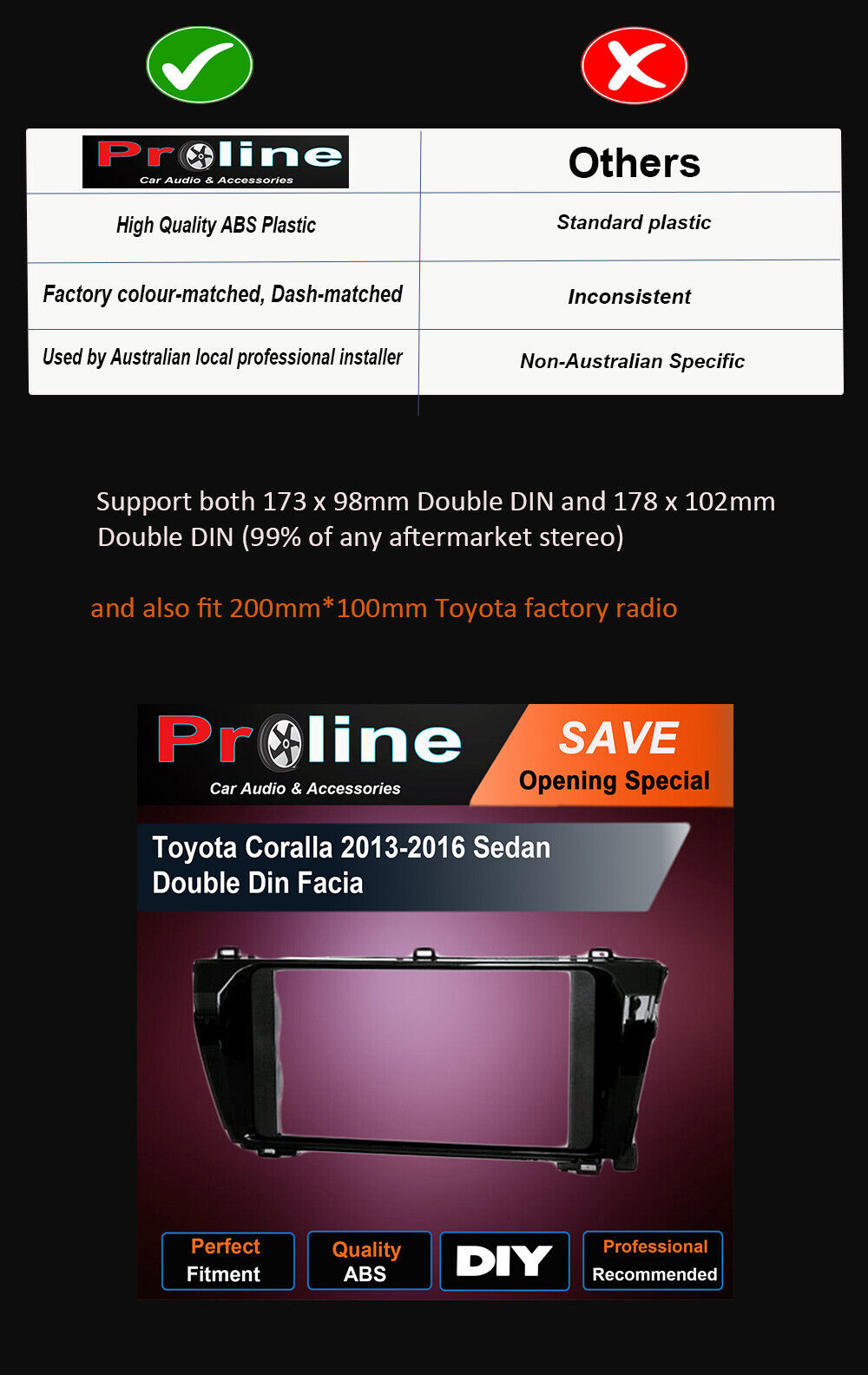 Fit Toyota Corolla 13-16 sedan stereo Double 2 Din fascia dash panel facia plate