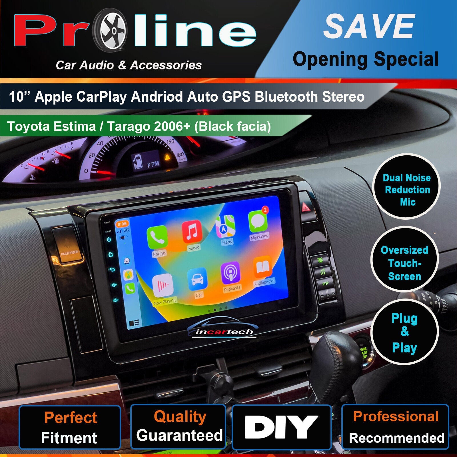 Toyota Tarago Estima 2006-2017 GPS Stereo Wireless Apple carplay Android Auto Black Facias
